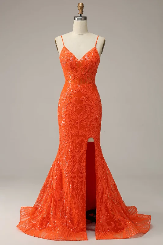 "Graduation dresses for women to celebrate in style"Mermaid Spaghetti Straps Orange Long Prom Dress with Slit Front "Graduation dresses for women to celebrate in style"Mermaid Spaghetti Straps Orange Long Prom Dress with Slit Front
