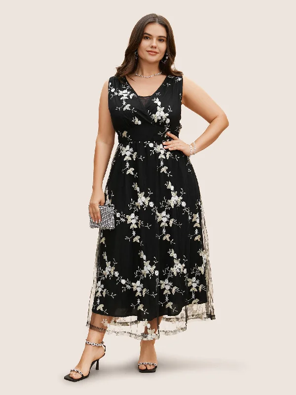 Maxi Dresses with Back Cut - Outs for a Sexy and Alluring LookMesh Floral Embroidered Sleeveless Maxi Dress