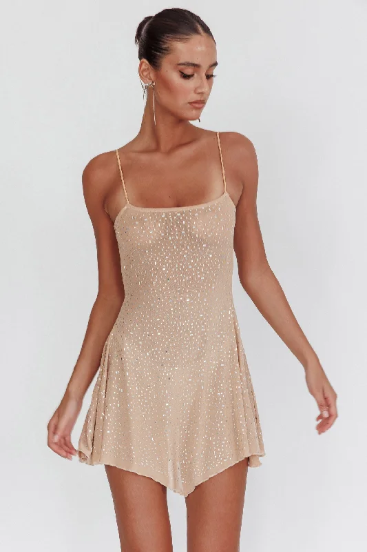 "Satin dresses for women for a luxurious appearance"Moon Walker Sheer Rhinestone Mini Dress Nude "Satin dresses for women for a luxurious appearance"Moon Walker Sheer Rhinestone Mini Dress Nude
