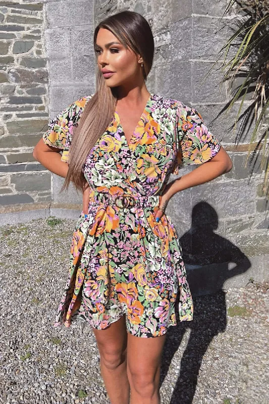 "Shirt dresses for women for a smart - casual style"Multi Floral Wrap Top Belted Skater Dress "Shirt dresses for women for a smart - casual style"Multi Floral Wrap Top Belted Skater Dress