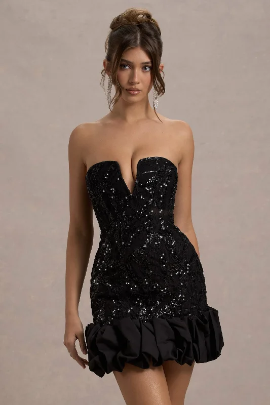 "Simple wedding dresses for women who prefer understated elegance"Nadia | Black Sequin Strapless Mini Dress With Ruffle Trim "Simple wedding dresses for women who prefer understated elegance"Nadia | Black Sequin Strapless Mini Dress With Ruffle Trim