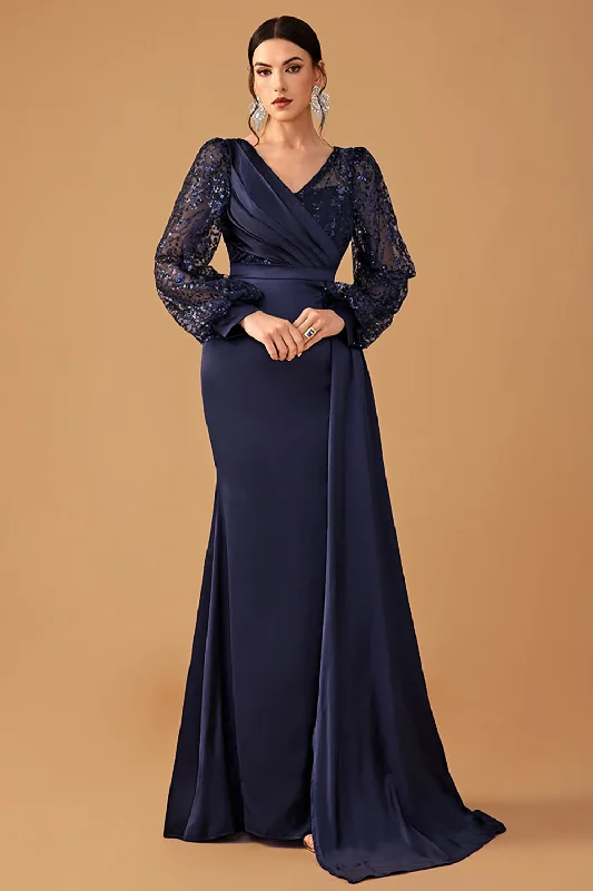 "Smart casual dresses for women for work - to - weekend transitions"Navy V Neck Mermaid Long Sleeves Prom Dress "Smart casual dresses for women for work - to - weekend transitions"Navy V Neck Mermaid Long Sleeves Prom Dress