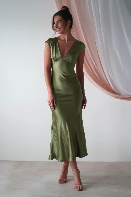 Maxi Dresses with Ethnic Embroidery for Cultural EventsNellie Soft Satin Midaxi Dress | Olive
