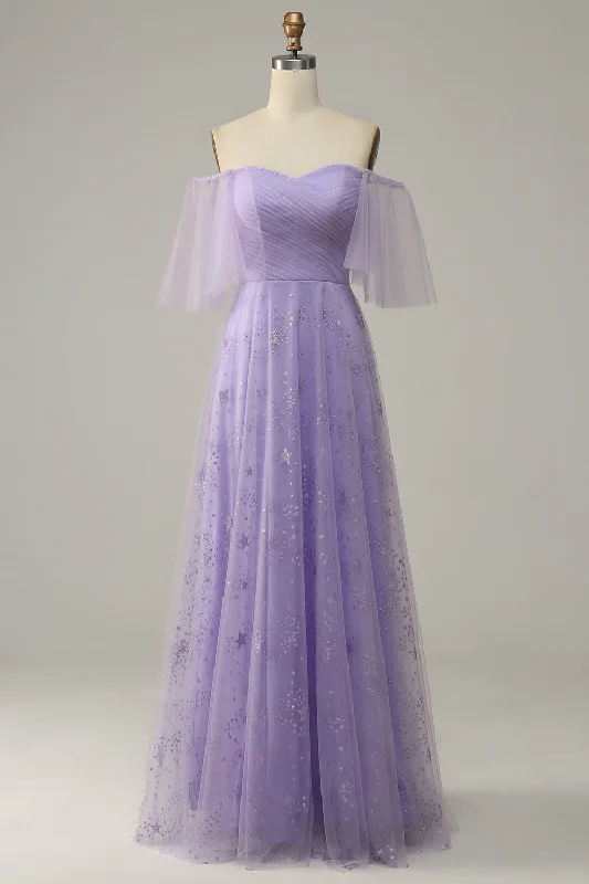 "Plus size formal dresses for women for special events"Off Shoulder Lavender Prom Dress with Ruffles
