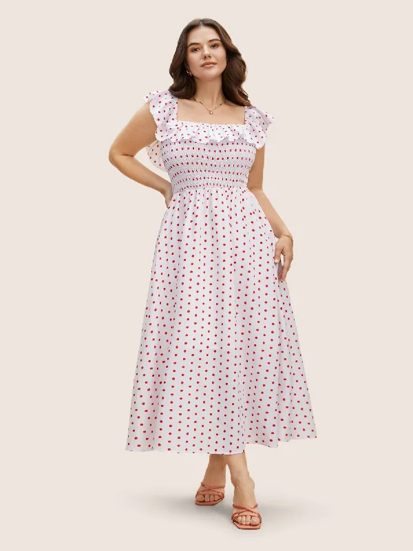 Long - Sleeved Maxi Dresses for Autumn and WinterOff Shoulder Polka Dot Shirred Ruffles Dress