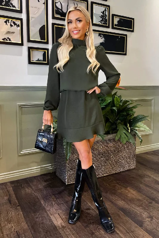 "A - line dresses for women to flatter the figure"Olive High Neck Long Sleeve Mini Dress "A - line dresses for women to flatter the figure"Olive High Neck Long Sleeve Mini Dress