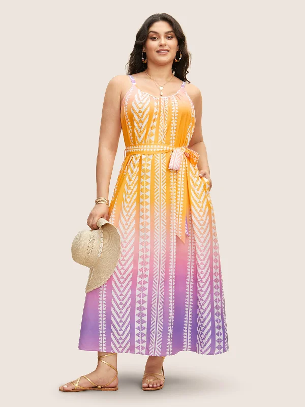 Maxi Dresses Embellished with Pearls for EleganceOmbre Contrast Geometric Belted Maxi Dress