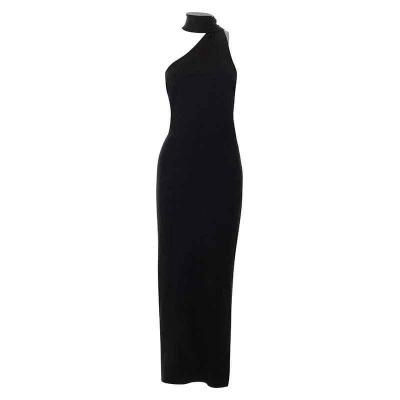 "White dresses for women for a fresh and clean look"BerryBetty - One shoulder backless slit solid halter beaded maxi dress
