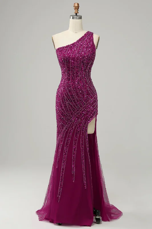 "Ruffled dresses for women for added femininity"One Shoulder Sequin Prom Dress with Slit "Ruffled dresses for women for added femininity"One Shoulder Sequin Prom Dress with Slit