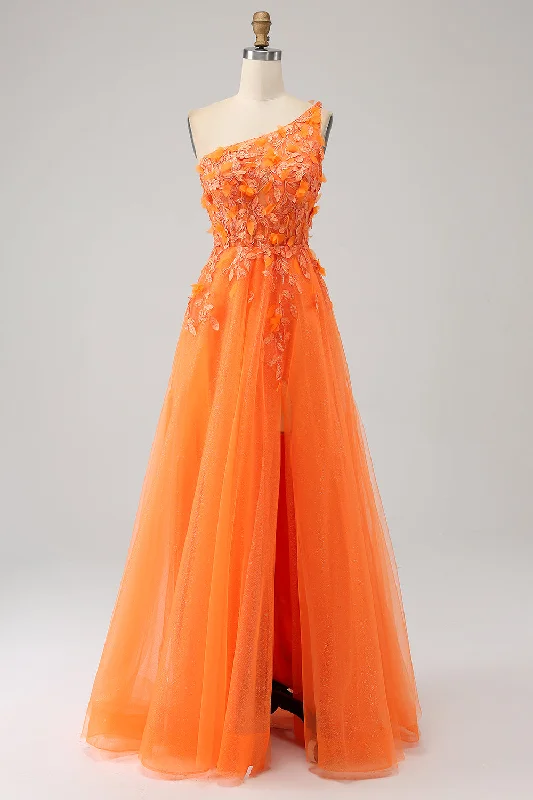 "Chiffon dresses for women with a flowy and light feel"Orange One Shoulder A-Line Tulle Long Prom Dress with Appliques "Chiffon dresses for women with a flowy and light feel"Orange One Shoulder A-Line Tulle Long Prom Dress with Appliques