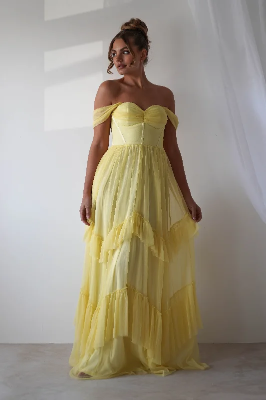Maxi Dresses Paired with Crop Tops for a Trendy LookPalama Shimmer Tulle Maxi Dress | Yellow