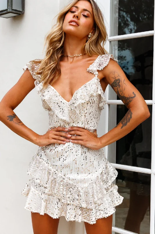 "T - shirt dresses for women for ultimate comfort"Paparazzi Ruffle Shoulder Sequin Party Dress Champagne "T - shirt dresses for women for ultimate comfort"Paparazzi Ruffle Shoulder Sequin Party Dress Champagne