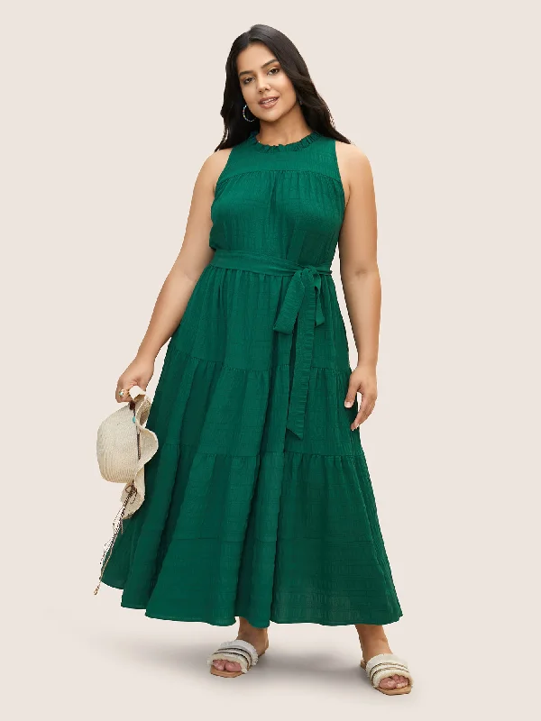 Plus - Size Maxi Dresses with Slimming EffectsPlain Textured A-line Frill Trim Dress