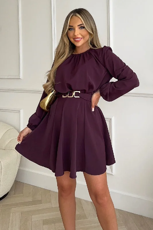 "Black tie dresses for women for formal galas"Plum Long Sleeve Belted Skater Dress "Black tie dresses for women for formal galas"Plum Long Sleeve Belted Skater Dress