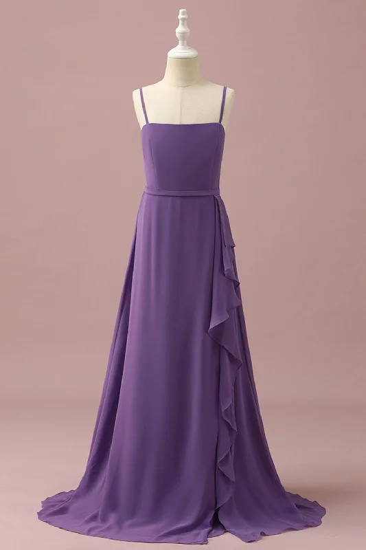 "Sequined dresses for women to shine at parties"Purple Chiffon Spaghetti Straps Junior Bridesmaid Dress With Cascading Ruffles