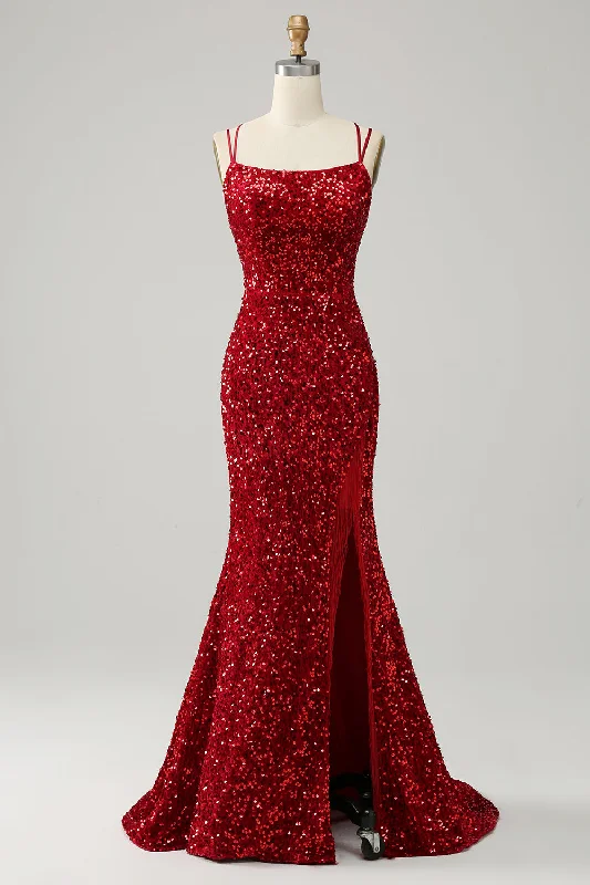 "Elegant wedding guest dresses for women under $100"Red Sparkly Mermaid Backless Long Prom Dress with Fringes "Elegant wedding guest dresses for women under $100"Red Sparkly Mermaid Backless Long Prom Dress with Fringes