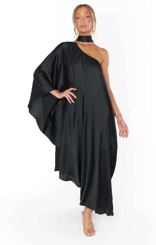 Maxi Dresses with Side Slits for Easy MovementRhea One Shoulder Dress ~ Black Luxe Satin