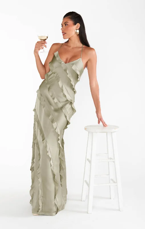 Maxi Dresses for Business - Casual ConferencesRomance Ruffle Dress ~ Moss Green Luxe Satin