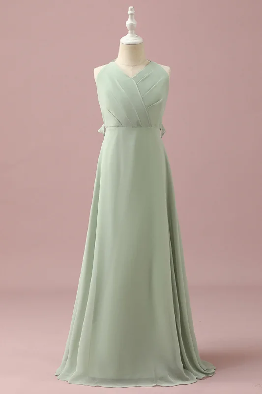 "Pleated dresses for women with a graceful movement"Sage Halter Chiffon A-Line Junior Bridesmaid Dress "Pleated dresses for women with a graceful movement"Sage Halter Chiffon A-Line Junior Bridesmaid Dress
