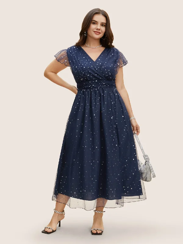 European and American - Style Simple and Elegant Maxi DressesSequin Mesh V Neck Ruffle Cap Sleeve Dress