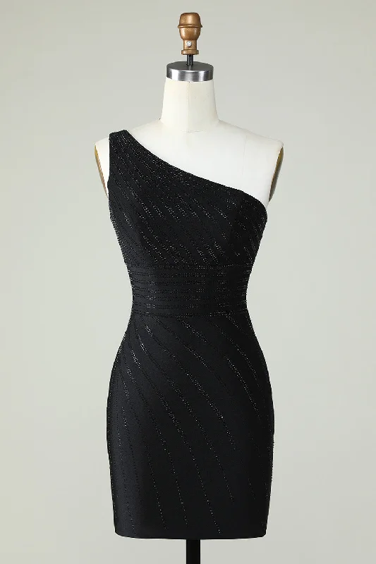 "Denim dresses for women for a casual and cool style"Sheath One Shoulder Black Short Homecoming Dress with Beading "Denim dresses for women for a casual and cool style"Sheath One Shoulder Black Short Homecoming Dress with Beading