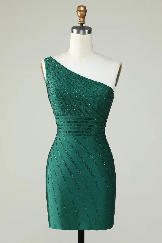 "Long sleeve dresses for women in cold weather"Sheath One Shoulder Dark Green Short Homecoming Dress with Beading "Long sleeve dresses for women in cold weather"Sheath One Shoulder Dark Green Short Homecoming Dress with Beading