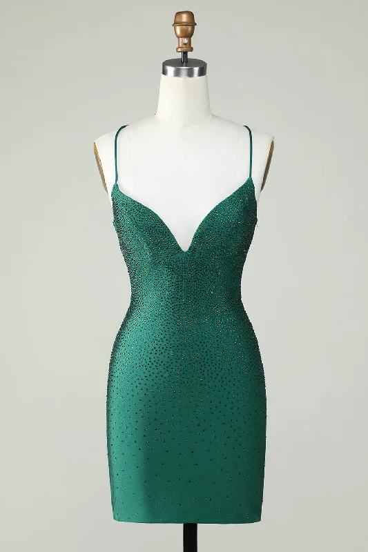 "Elegant wedding guest dresses for women under $100"Elegant Sheath Spaghetti Straps Dark Green Short Homecoming Dress with Beading "Elegant wedding guest dresses for women under $100"Elegant Sheath Spaghetti Straps Dark Green Short Homecoming Dress with Beading