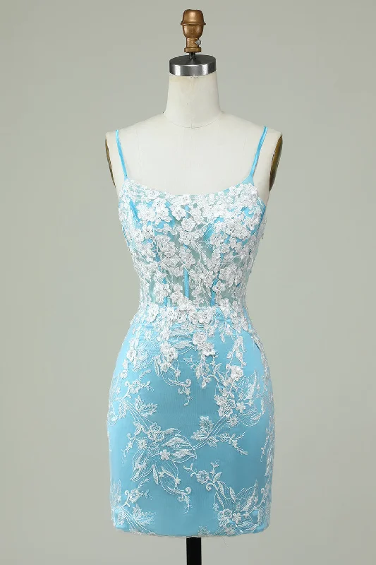 "Black dresses for women for a classic and timeless appearance"Sheath Spaghetti Straps Light Blue Short Homecoming Dress with Appliques "Black dresses for women for a classic and timeless appearance"Sheath Spaghetti Straps Light Blue Short Homecoming Dress with Appliques