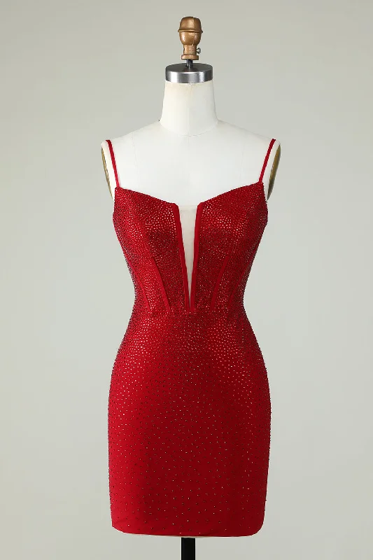 "Black tie dresses for women for formal galas"Sheath Spaghetti Straps Red Short Homecoming Dress with Beading "Black tie dresses for women for formal galas"Sheath Spaghetti Straps Red Short Homecoming Dress with Beading