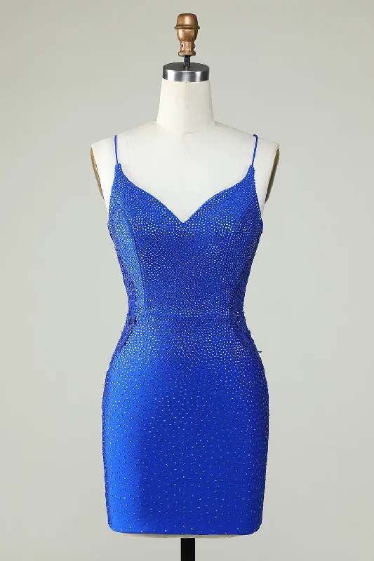 "Polka dot dresses for women with a retro vibe"Sheath Spaghetti Straps Royal Blue Short Homecoming Dress with Beading "Polka dot dresses for women with a retro vibe"Sheath Spaghetti Straps Royal Blue Short Homecoming Dress with Beading