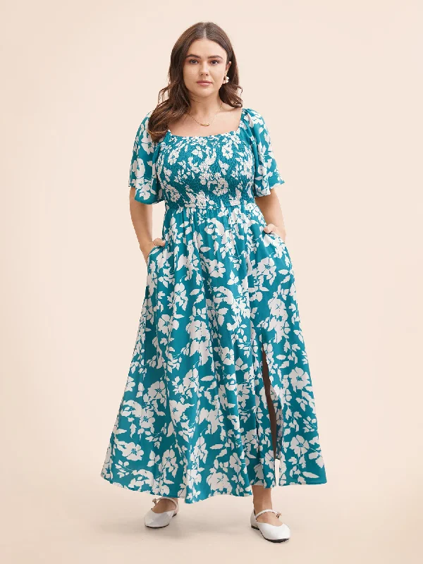 Sunny Yellow Maxi Dresses for a Cheerful LookSilhouette Floral Print Shirred Frill Trim Dress
