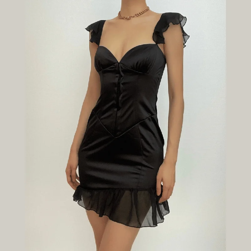 "Affordable plus size women's summer dresses"BerryBetty - Solid ruched cap sleeve ruffle button mini dress "Affordable plus size women's summer dresses"BerryBetty - Solid ruched cap sleeve ruffle button mini dress