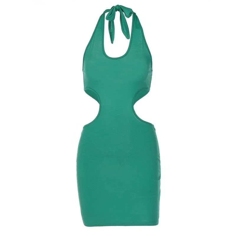 "Polka dot dresses for women with a retro vibe"BerryBetty - Sleeveless solid v neck halter self tie backless hollow out mini dress "Polka dot dresses for women with a retro vibe"BerryBetty - Sleeveless solid v neck halter self tie backless hollow out mini dress
