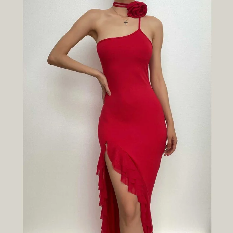 "Ruffled dresses for women for added femininity"BerryBetty - Solid one shoulder irregular ruffle flower applique maxi dress "Ruffled dresses for women for added femininity"BerryBetty - Solid one shoulder irregular ruffle flower applique maxi dress