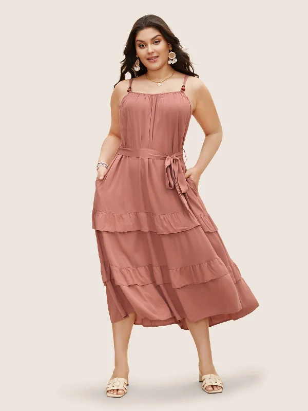Maxi Dresses with Strap - Tie Details for a Personalized FitSolid Ruffle Layered Hem Cami Dress