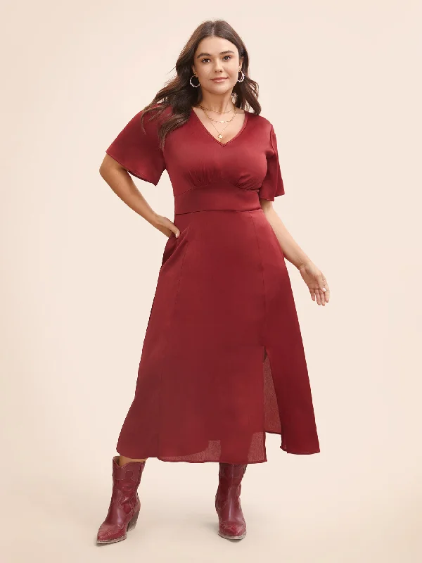 Maxi Dresses for Family Outings in the ParkSolid Shirred Gathered Slit Hem Dress