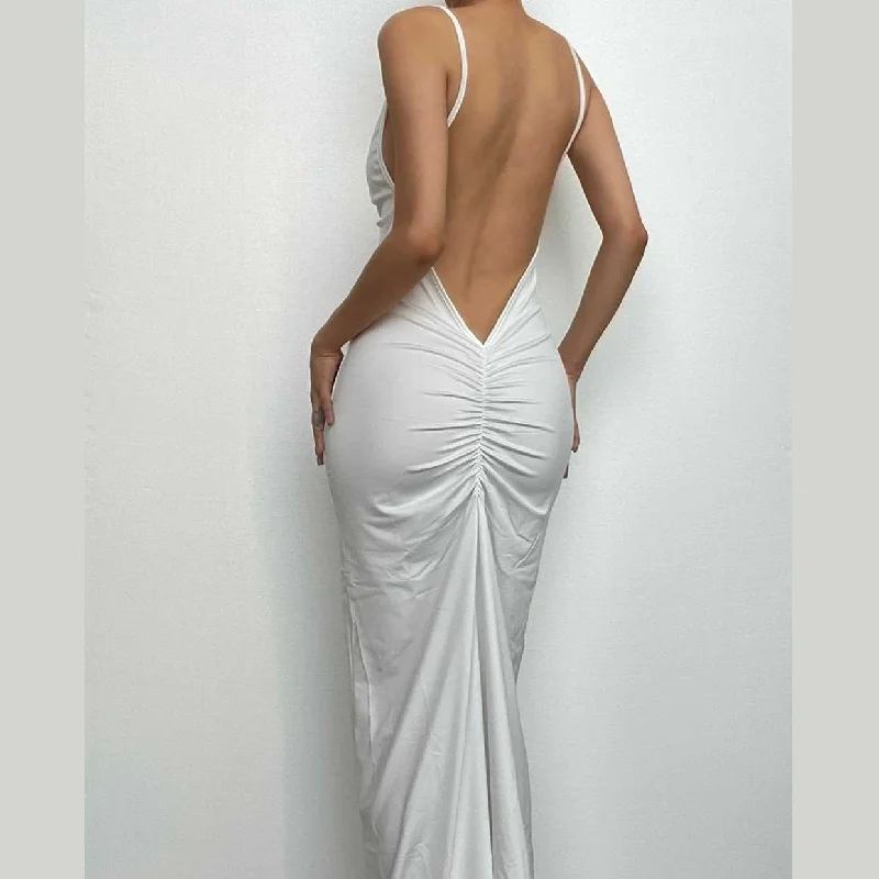 "Pleated dresses for women with a graceful movement"BerryBetty - Solid v neck ruched backless cami maxi dress "Pleated dresses for women with a graceful movement"BerryBetty - Solid v neck ruched backless cami maxi dress
