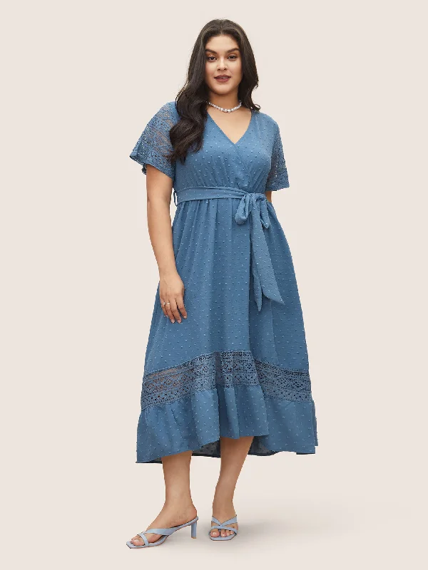 Maxi Dresses for Travel Photography in Scenic LocationsSolid Wrap Pocket Belted Contrast Lace Ruffle Trim Maxi Dress