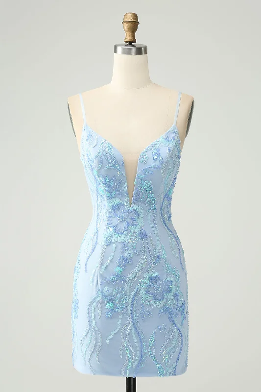 "Designer - inspired women's evening dresses"Light Blue Spaghetti Straps Tight Short Homecoming Dress with Sequins