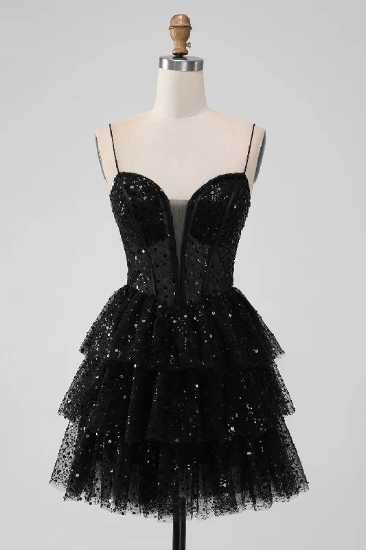 "Beach wedding dresses for women for a laid - back ceremony"Sparkly Black Spaghetti Straps Tiered Homecoming Dress with Sequins "Beach wedding dresses for women for a laid - back ceremony"Sparkly Black Spaghetti Straps Tiered Homecoming Dress with Sequins