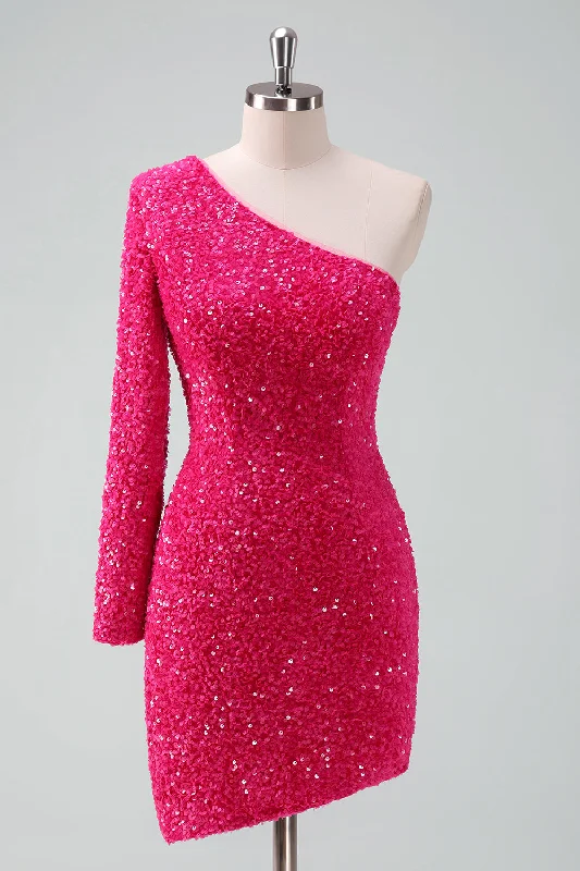 "Buy One, Get One 50% Off on Women's Dresses - Don't Miss Out!"Sparkly Fuchsia One Shoulder Sequin Tight Short Homecoming Dress with Fringe