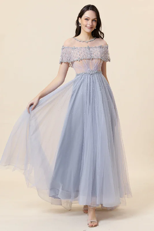 "Homecoming dresses for women to stand out"Sparkly Grey Beaded Long Tulle Prom Dress "Homecoming dresses for women to stand out"Sparkly Grey Beaded Long Tulle Prom Dress