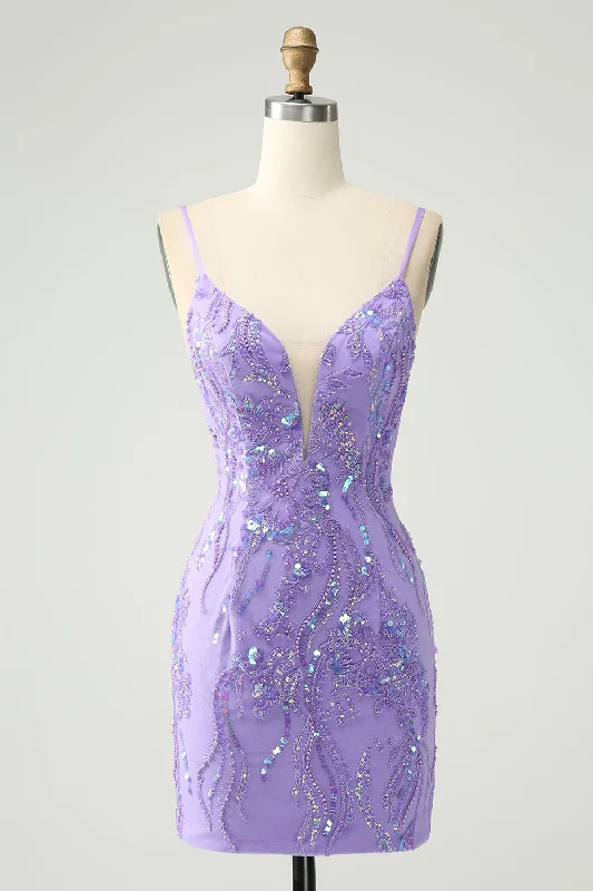 "Graduation dresses for women to celebrate in style"Sparkly Purple Spaghetti Straps Tight Short Homecoming Dress with Sequins "Graduation dresses for women to celebrate in style"Sparkly Purple Spaghetti Straps Tight Short Homecoming Dress with Sequins