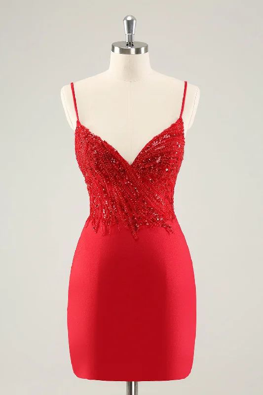 "Ruffled dresses for women for added femininity"Sparkly Red Bodycon Spaghetti Straps Homecoming Dress with Sequins "Ruffled dresses for women for added femininity"Sparkly Red Bodycon Spaghetti Straps Homecoming Dress with Sequins