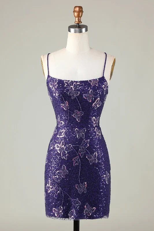 "Bodycon dresses for women to show off curves"Sparkly Sheath Spaghetti Straps Dark Purple Short Homecoming Dress with Criss Cross Back "Bodycon dresses for women to show off curves"Sparkly Sheath Spaghetti Straps Dark Purple Short Homecoming Dress with Criss Cross Back