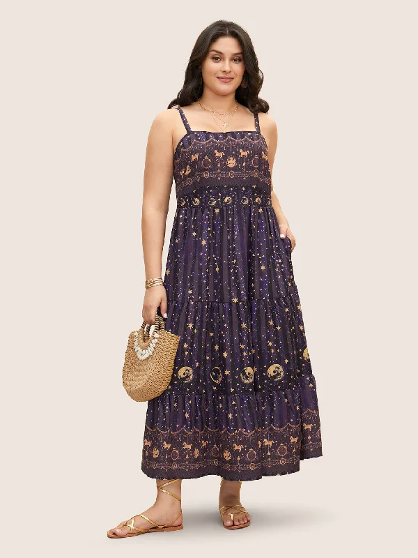 Durable Denim Maxi Dresses for Casual OutingsStar & Moon Print Elastic Waist Maxi Cami Dress