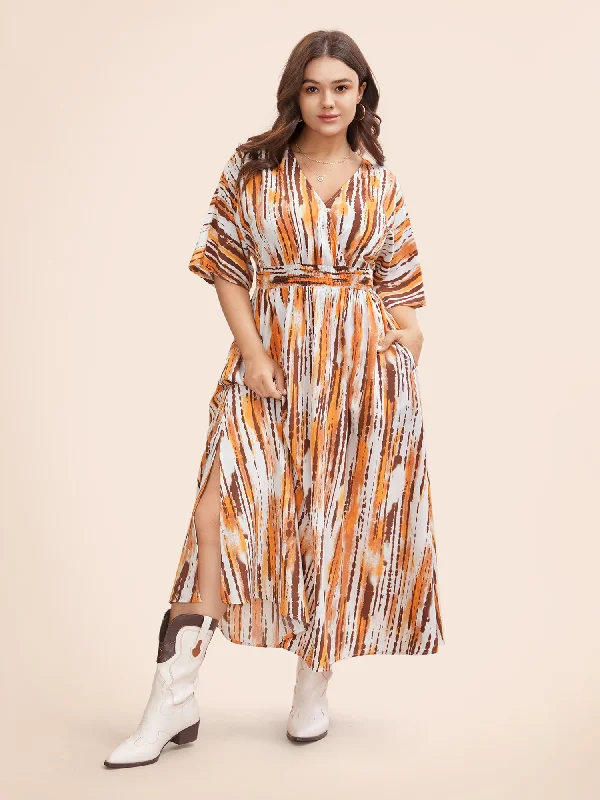 Maxi Dresses for Christmas PartiesStriped Overlap Collar Shirred Maxi Dress