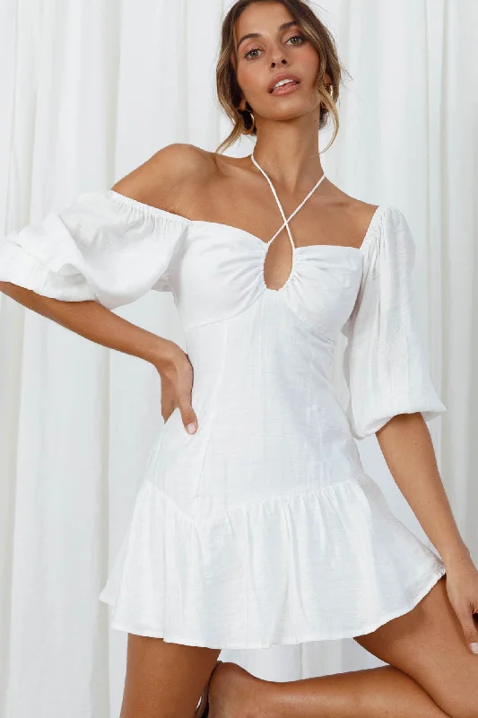 "Off - shoulder dresses for women to show off collarbones"Summertime String-Tie Halterneck Puff Sleeve Mini Dress White "Off - shoulder dresses for women to show off collarbones"Summertime String-Tie Halterneck Puff Sleeve Mini Dress White