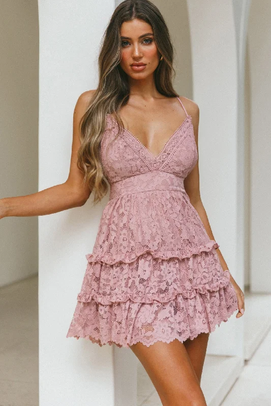 "White dresses for women for a fresh and clean look"Sunshine Morning Crochet Lace Frill Trim Tied Back Lace Mini Dress Rose "White dresses for women for a fresh and clean look"Sunshine Morning Crochet Lace Frill Trim Tied Back Lace Mini Dress Rose