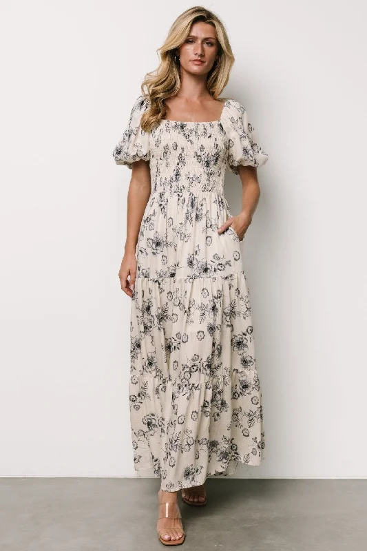 Maxi Dresses for College Graduation PhotoshootsSusanna Smocked Maxi Dress | Ivory + Blue Floral